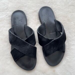 THERA’S Women’s Italian Calf Hair Criss Cross Flat Sandals Size 39 US 8.5
